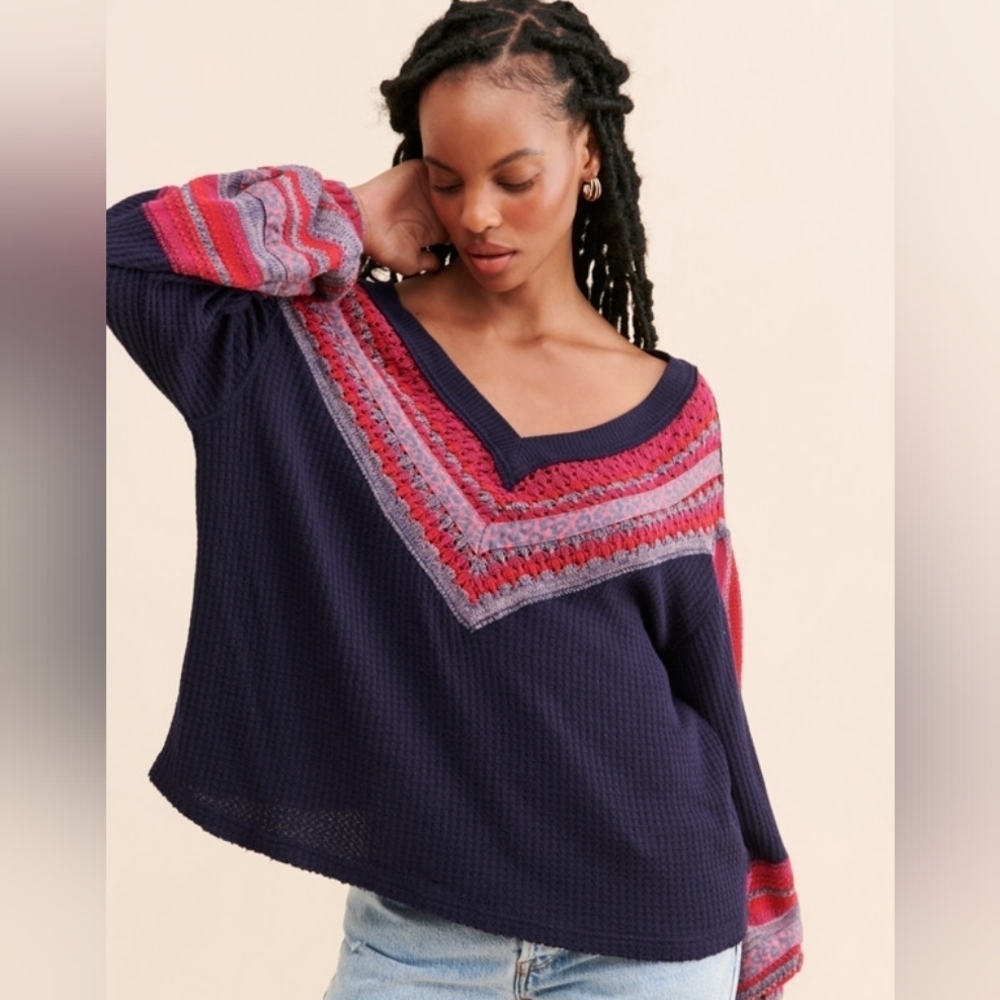 Free People Copenhagen Thermal Top V-Neck Blue Size Small Boho Peasant